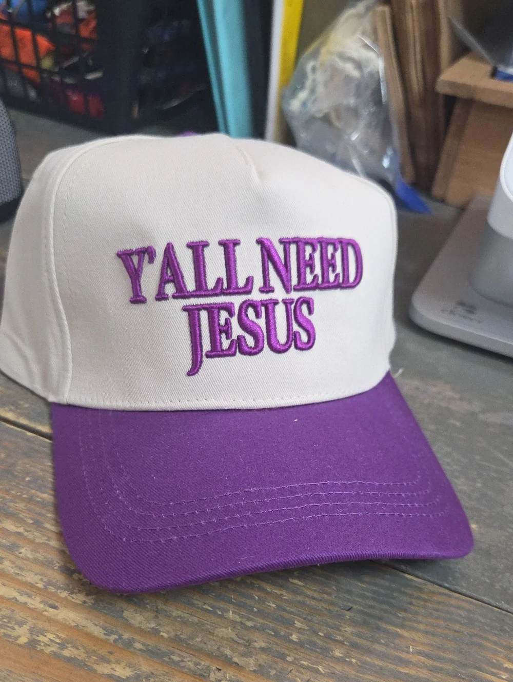 Cream and Purple 'Y'ALL NEED JESUS' Embroidered Baseball Cap
